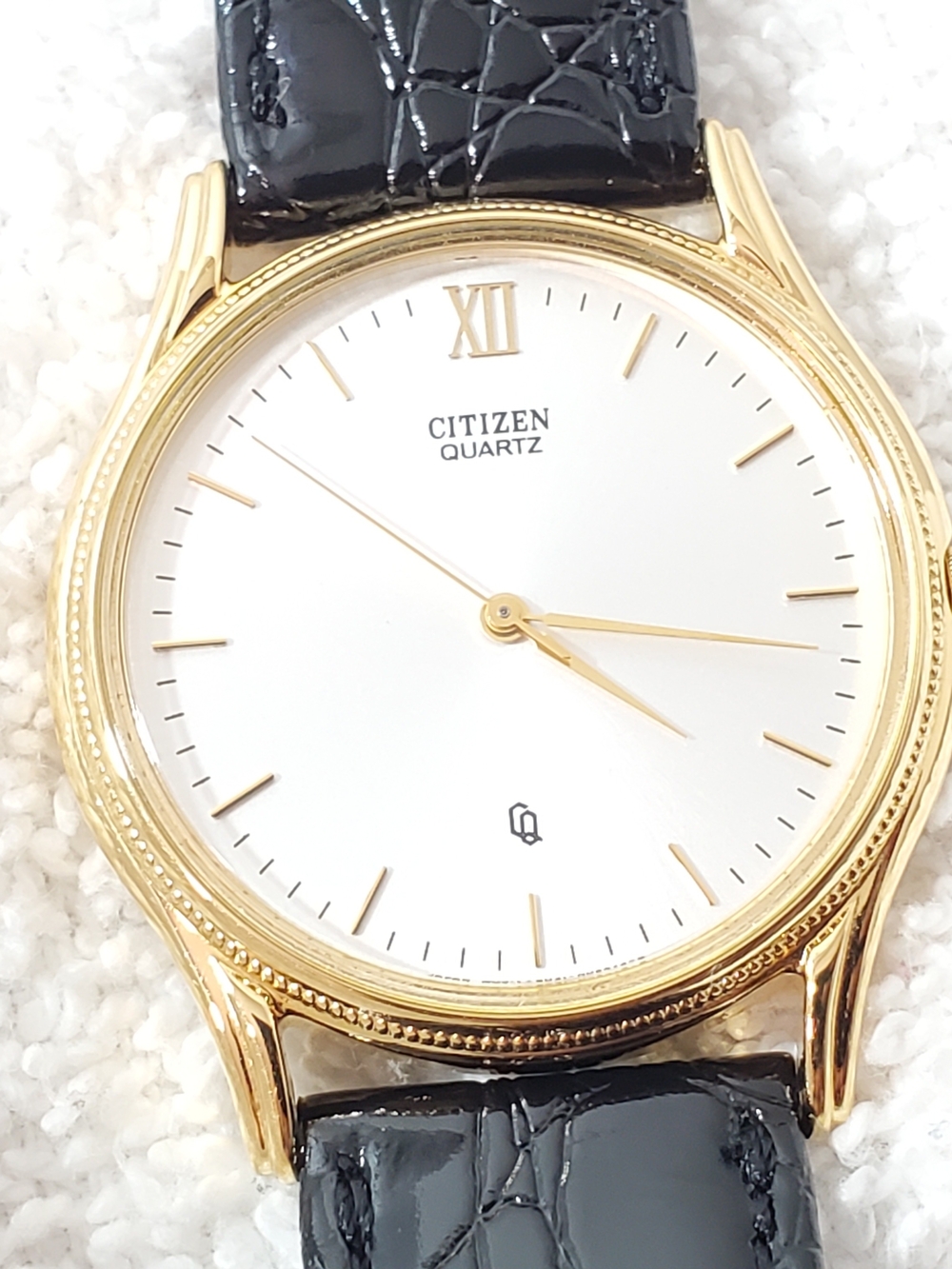 Vintage Citizen CQ Men's Silver Dial Gold Tone Plated Watch Black Leather Strap